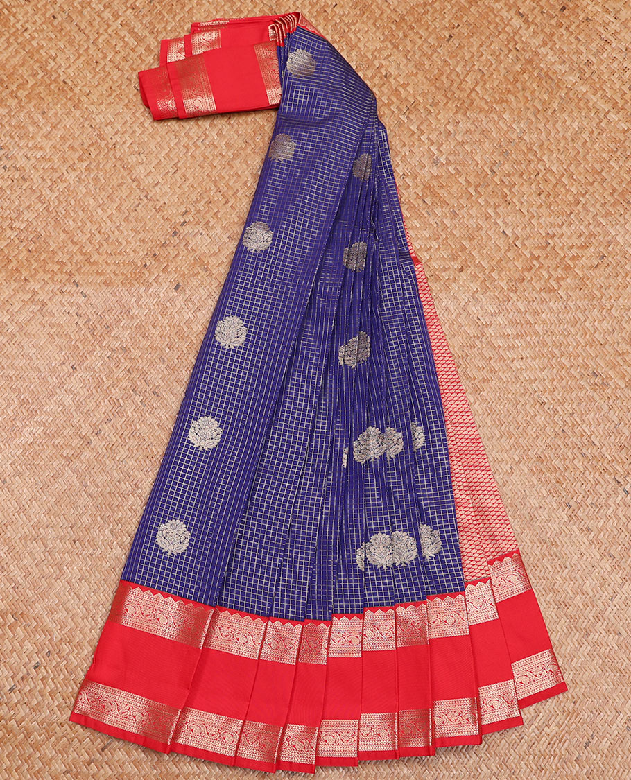 Blue Budget Silk Saree Elegantly Highlighted with Zari Checks and Buttas, Complemented by Contrast Rettai Pettu Traditional Motifs Border, Grandly Jaal Pallu, and a Contrast Blouse