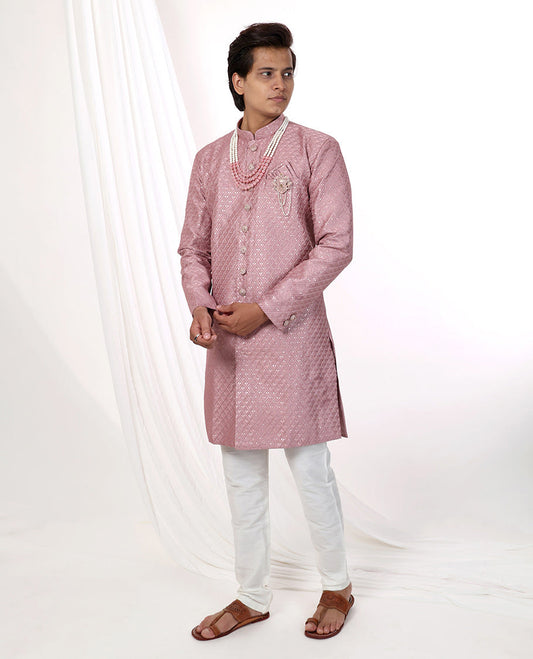 Mauve geometric embroidery with sequins work mandarin collar & full-sleeve long raw silk kurta