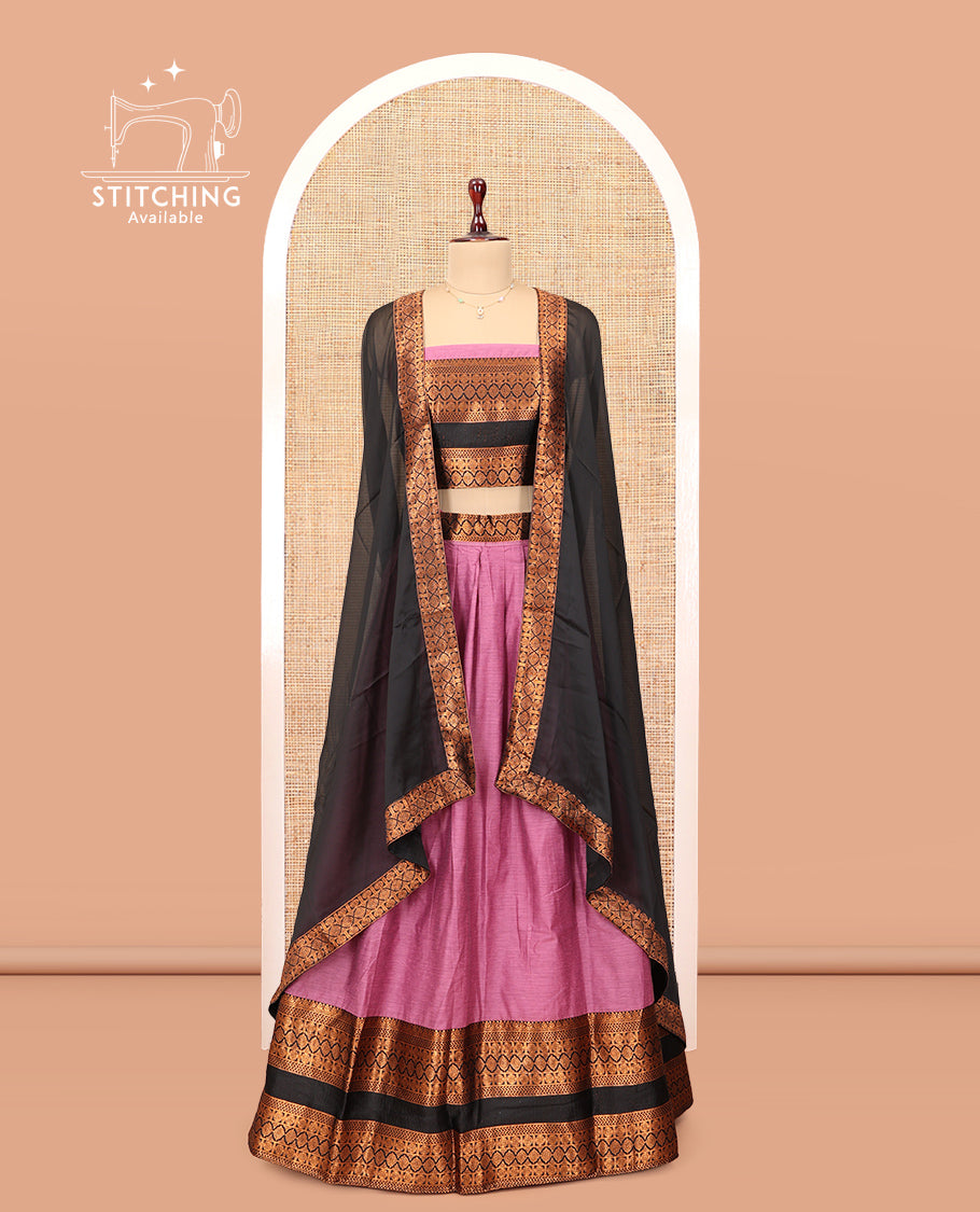 Onion Pink Chanderi Cotton Half-Saree, Plain Skirt, Contrast Traditional Zari Rettai Pettu Border, a Matching Blouse, and Contrast Dupatta