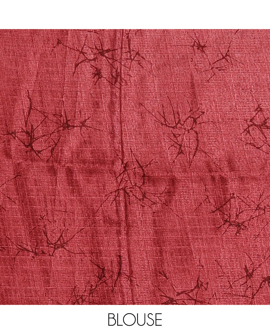Borderless white-onion pink batik-style floral big printed khadi cotton saree, purple batik printed blouse