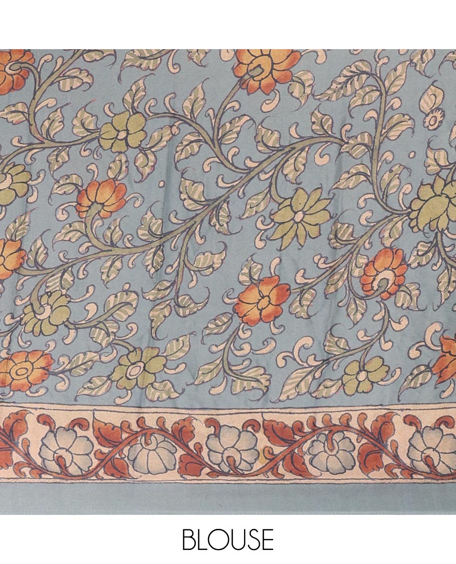 Navy blue Abstract printed Italian crepe saree, contrast kalamkari floral vine printed border, kalamkari printed pallu, and kalamkari printed blouse