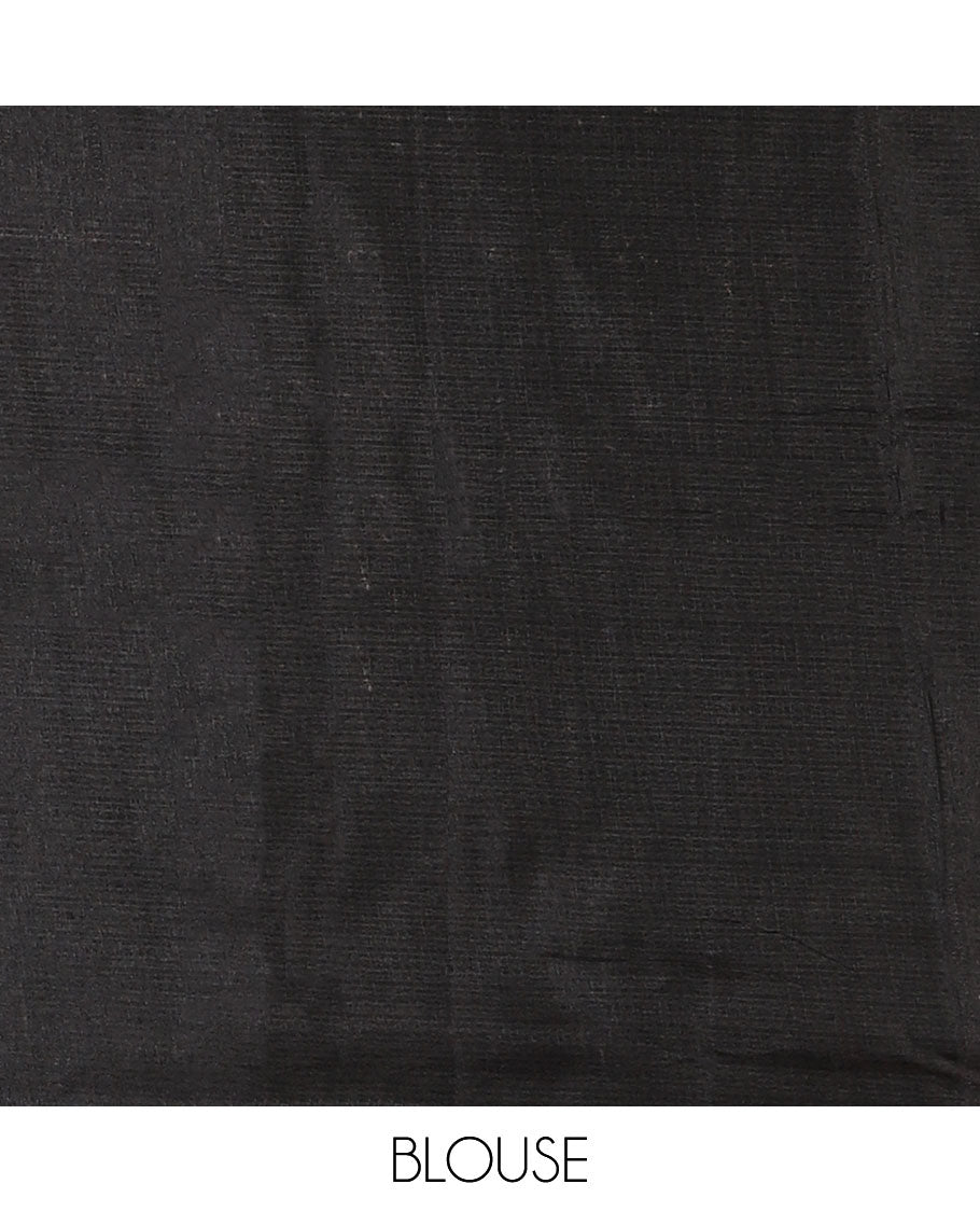 Black-base plain body khadi cotton saree with batik-style peach-color radiant sunburst design on its border & pallu, plain black blouse