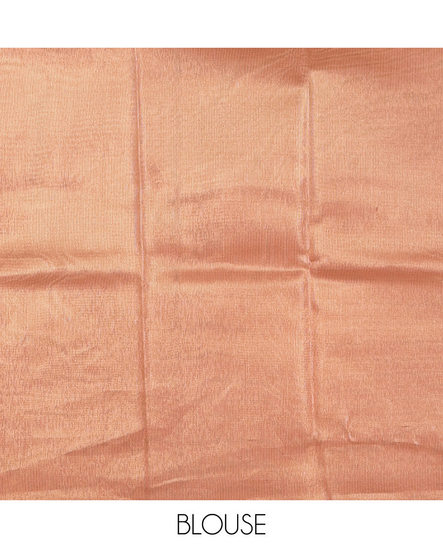 Sandal antique buttas tissue silk saree, contrast satin zari border of half-moon motifs, pallu of temple design pallu, and contrast butta blouse