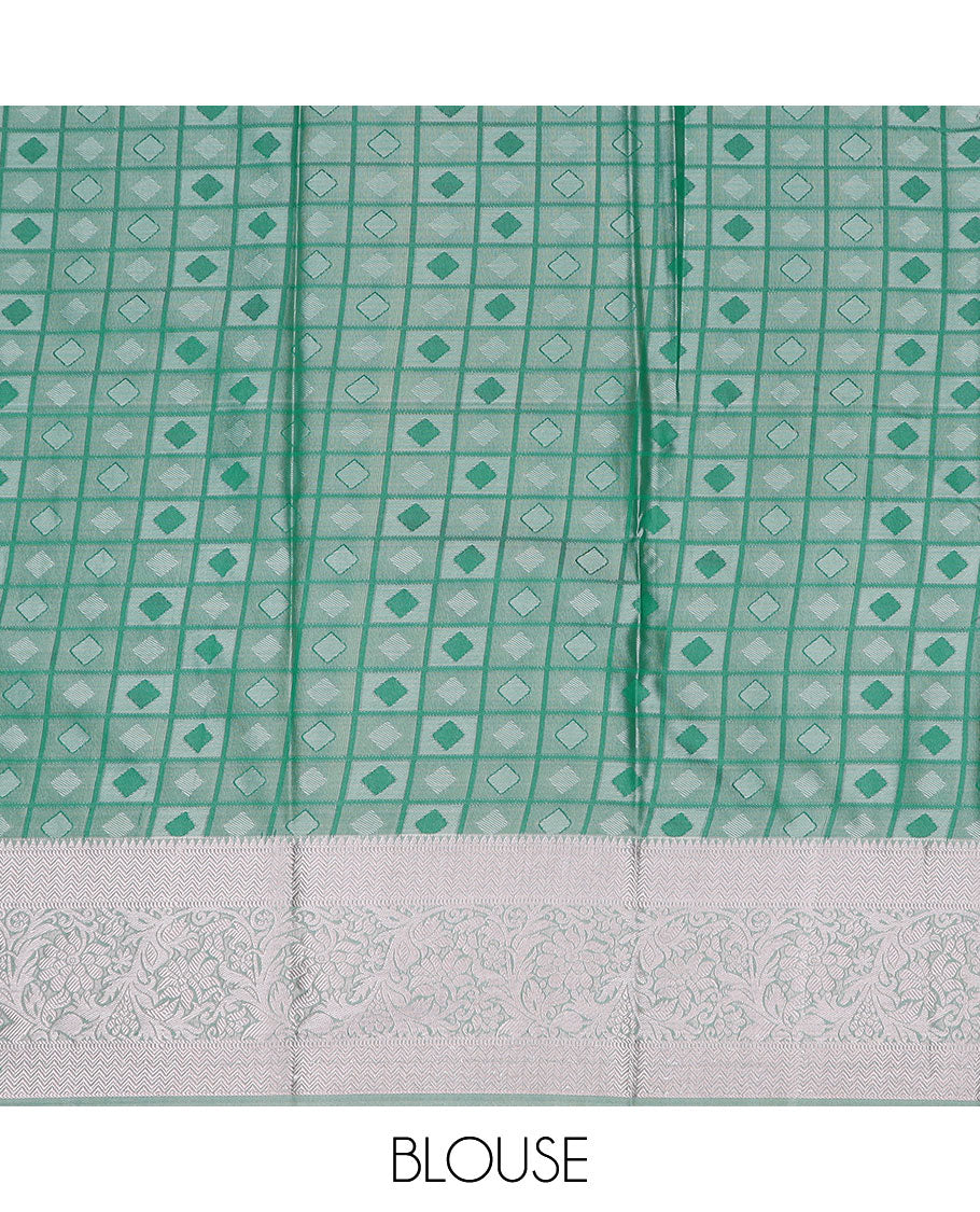 Green art silk pavadai material set, butta enclosed checked pavadai with contrast traditional zari border & blouse