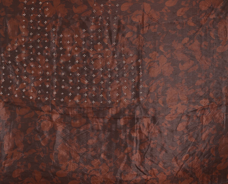 Brown ombre-colored floral printed silk crepe saree, swarovski stone work scallop border, printed pallu & printed blouse