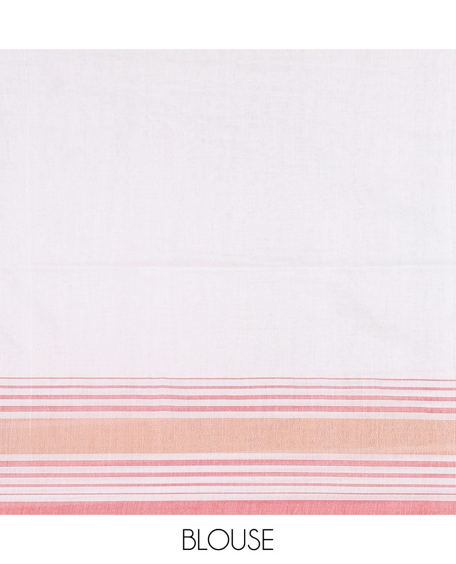 Cream-pink plain design mul mul cotton saree, contrast copper zari horizontally striped border, plain pallu, and plain blouse