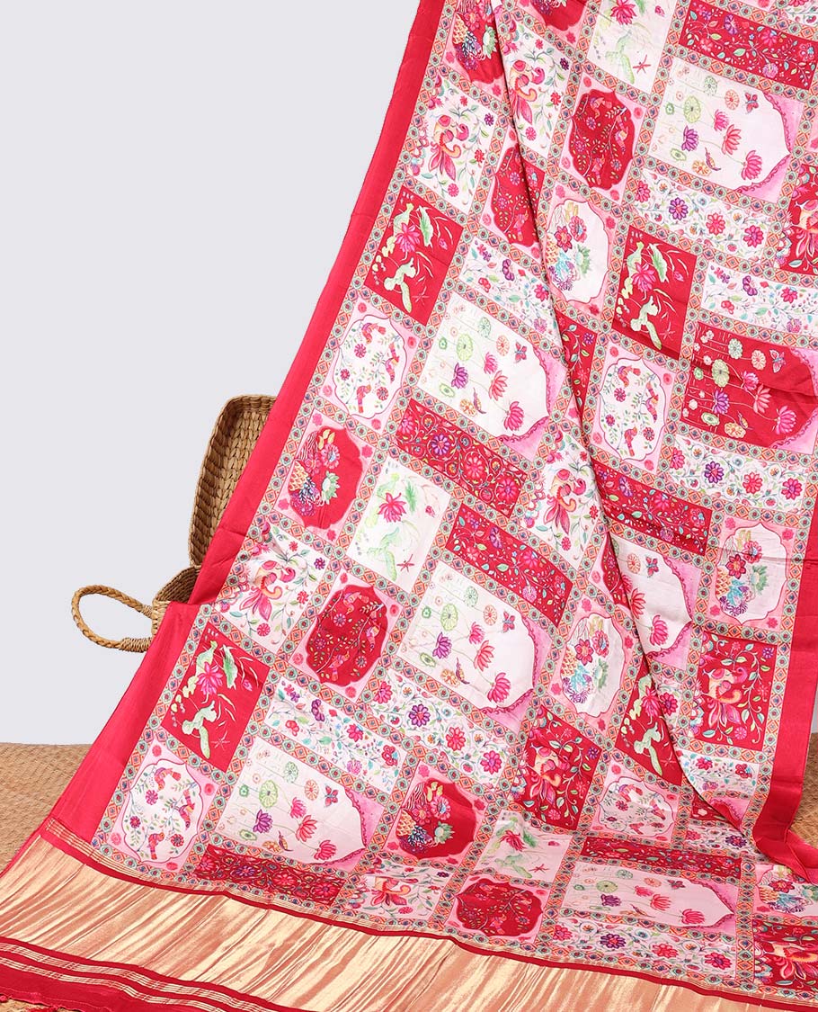 Multi-colored floral design semi-banaras printed saree contrast plain border & striped zari pallu