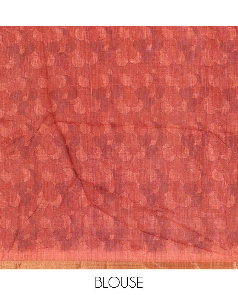 Rust polka dots printed linen cotton saree, piping border, kalamkari floral-peacock printed pallu & small polka dots printed blouse
