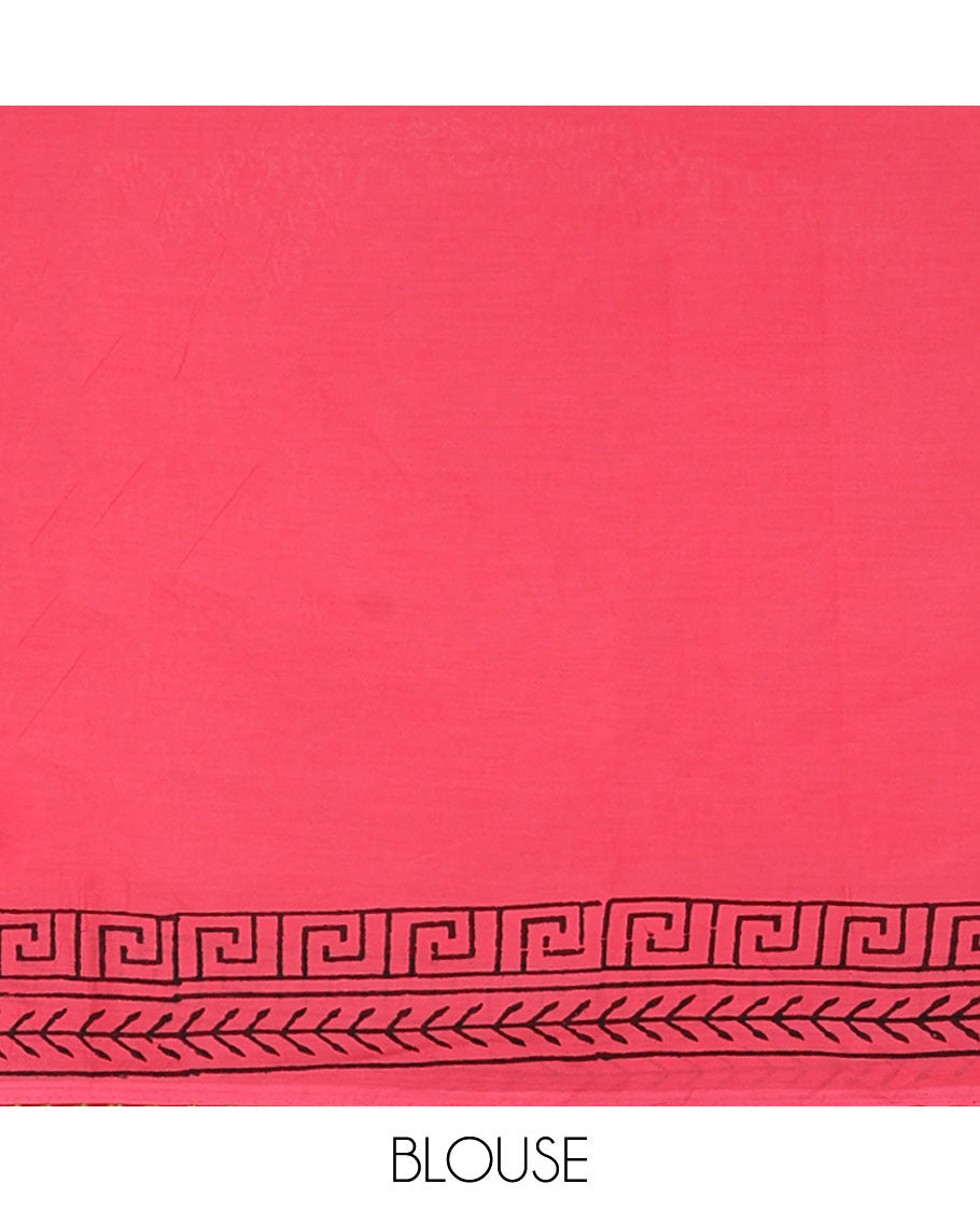 Pink block printed soft cotton saree with bom bom lace border & printed pallu along with plain blouse