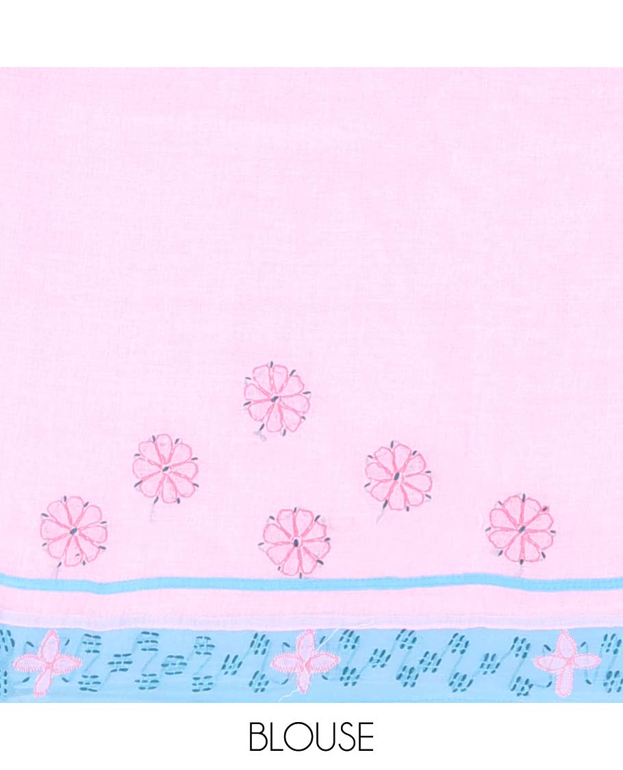 Pink floral embroidery lucknowi chikankari cotton saree, contrast floral border & floral, paisley embroidery pallu