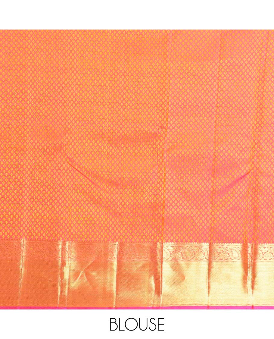 Orange floral jaal design silk saree with contrast border of rekku, muthu, manga, banaras design & zari design pallu