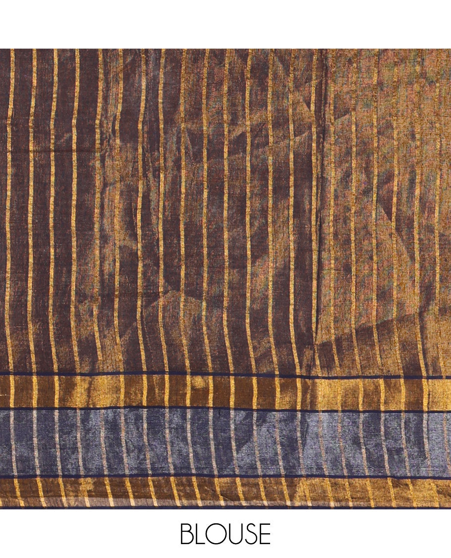 Navy blue gold zari tissue-style sungudi cotton saree, silver-lined border, silver-lined pallu & matching striped Navy blue blouse