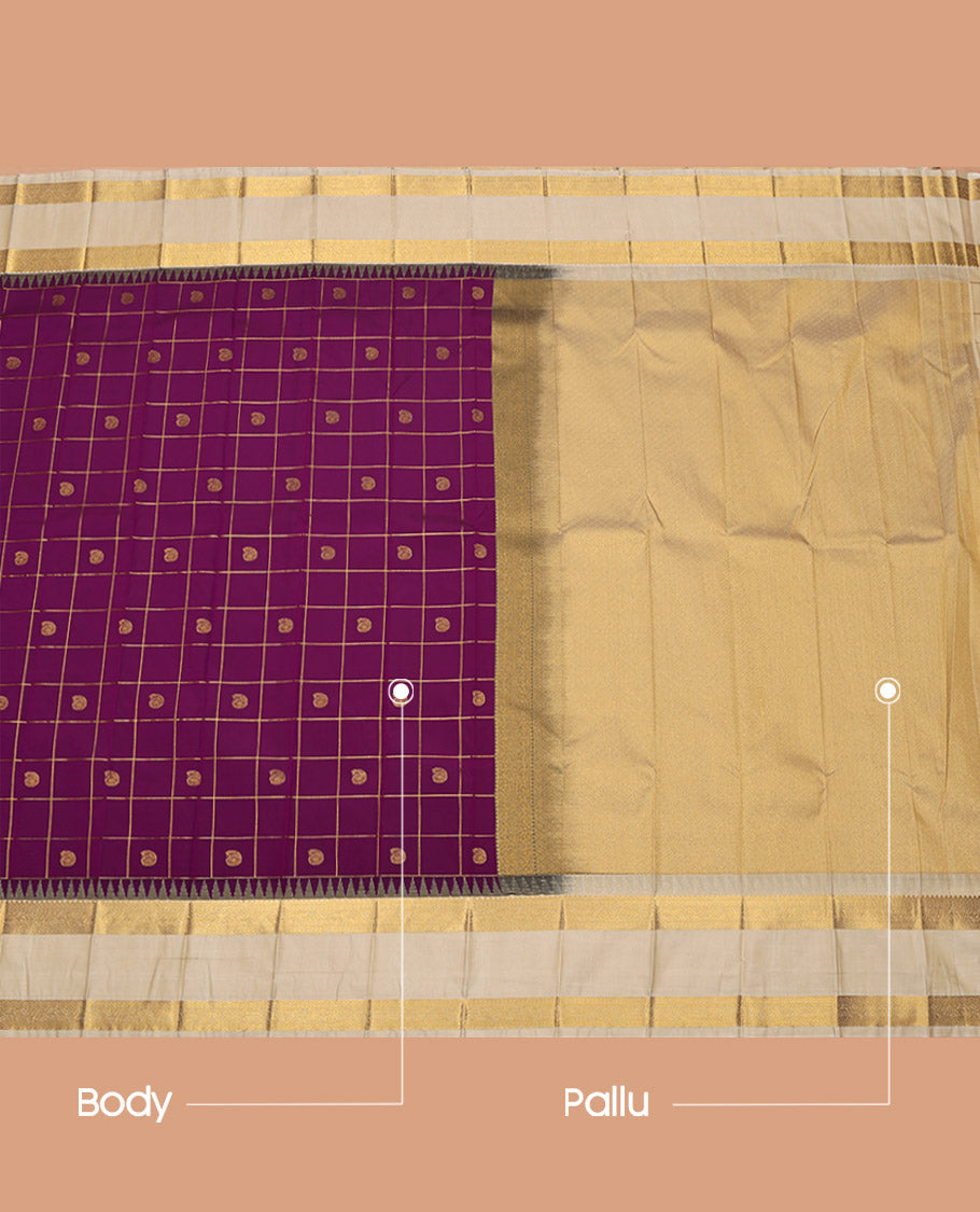 Purple Budget Silk Saree, Woven with Zari Butta Enclosed Checked Design on Its Body, Complemented by a Contrast Traditional Zari Design Rettai Pettu Temple Border, Pallu of Jaal Designs, and Paired with a Contrast Blouse