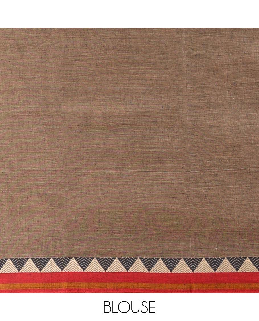Brown plain Narayanapet cotton saree, contrast traditional design border & striped pallu