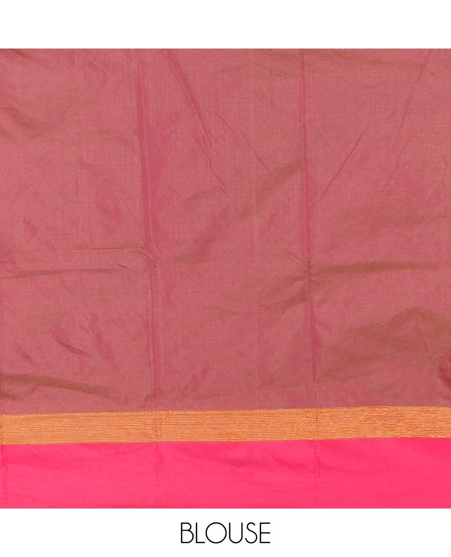 Olive green-pink plus-shaped buttas steeped semi-soft silk saree, contrast satin border of stripes, striped pallu, and contrast blouse