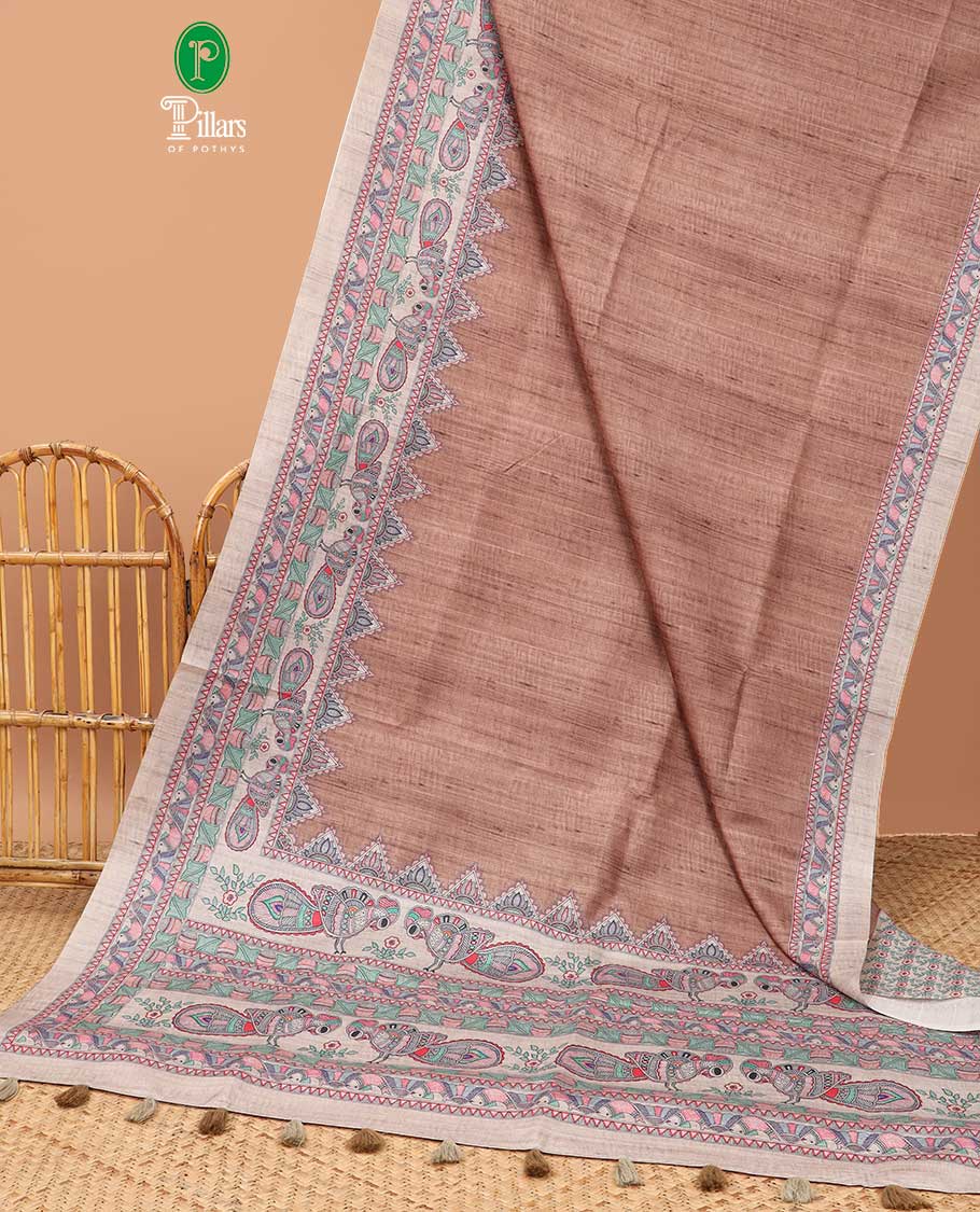 Brown plain semi tussar saree with mudhubani printed border & madhu bani printed pallu, with tussels, small flower printed blouse