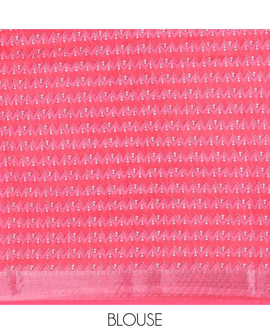 Multi-color leheriya-style stripes printed linen cotton saree, contrast bavanji border, wedding style printed pallu, and contrast printed blouse