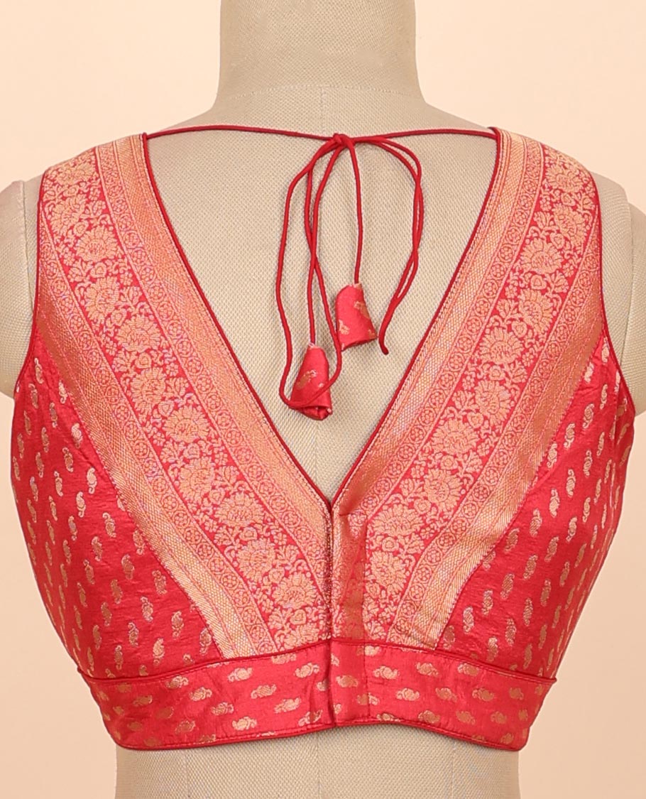 Cherry red floral zari design front & back deep v-neck raw-silk readymade sleeveless blouse