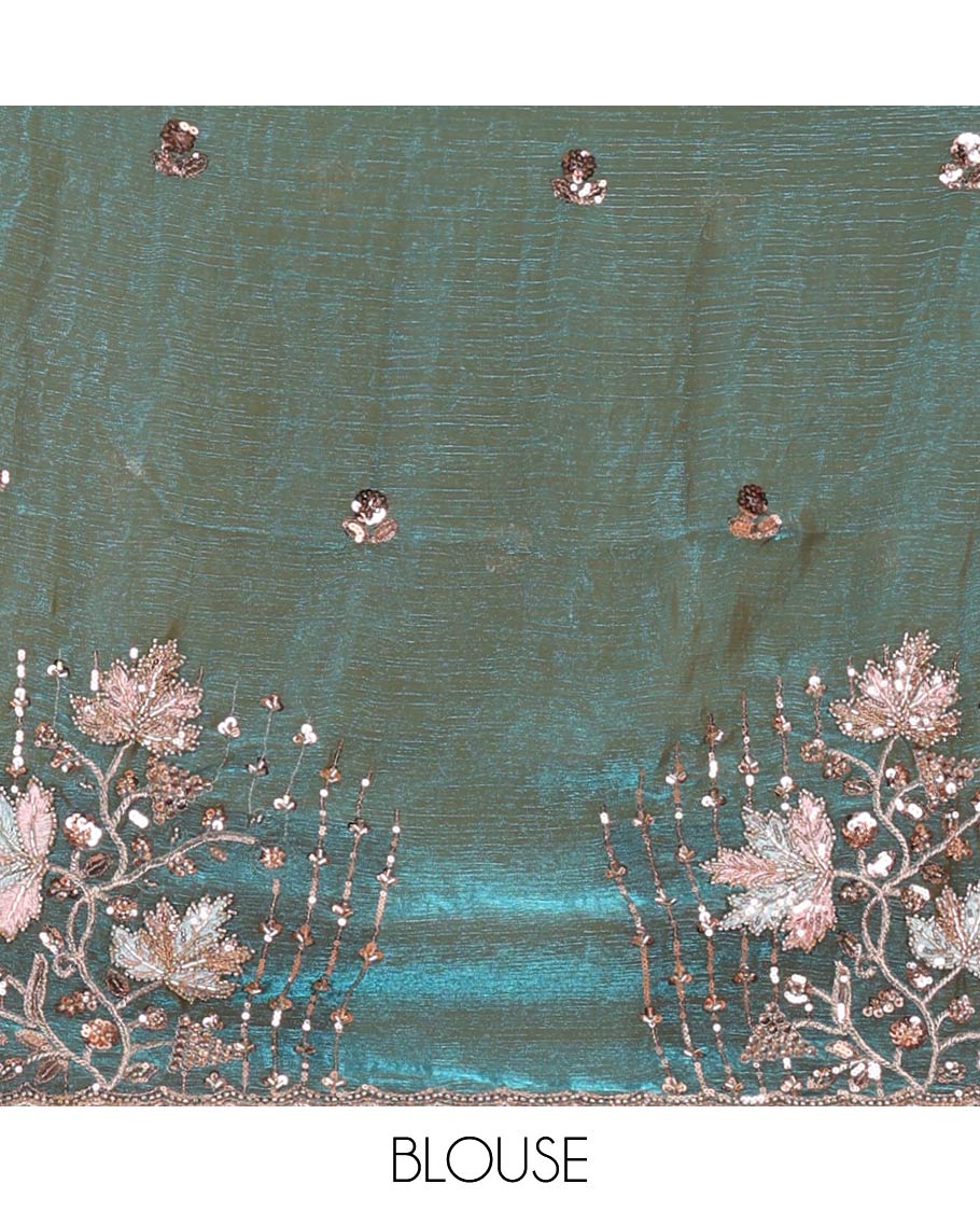 Peacock green Swarovski stone work embedded fendy-chiffon saree, scallop lace border & floral mixed embroidered blouse