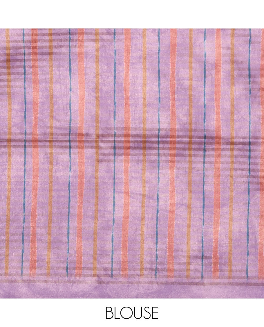 Borderless lavender checked & stripes printed fancy tussar saree, contrast painting-style Indian woven motifs printed pallu & checked printed blouse