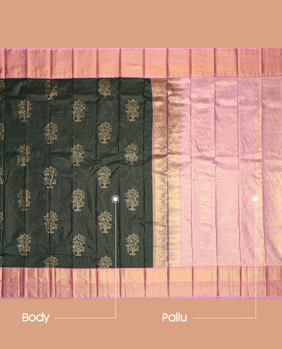Green Budget Silk Saree, Adorned with Zari Buttas and Stripes, Contrast Traditional Zari Border, Jaal Pallu, and a Contrast Blouse