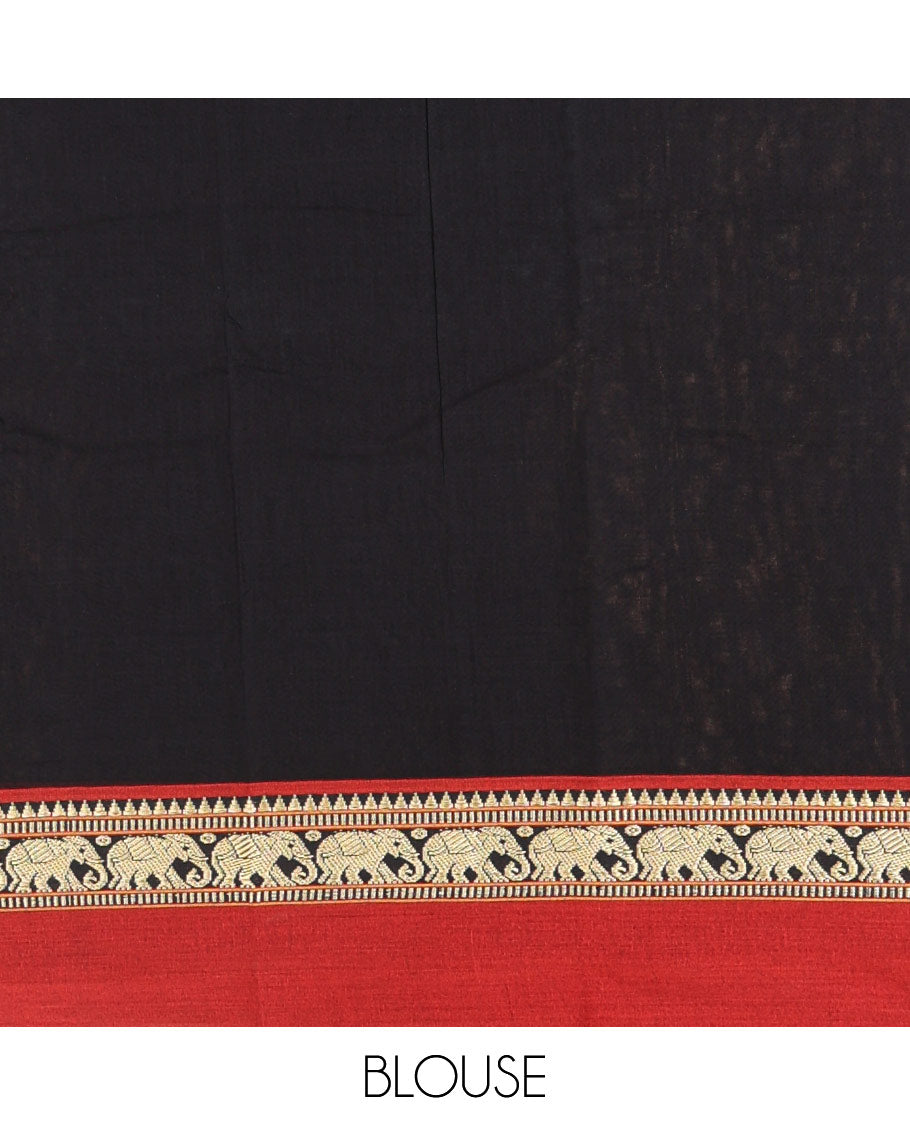 Black plain mercerised cotton saree, contrast kal erangina thread border of elephant motifs, striped pallu, and a matching blouse