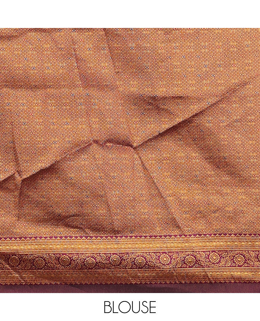 Cream floral buttas half saree with contrast zari border, zari design blouse & maroon floral zari design dhavani
