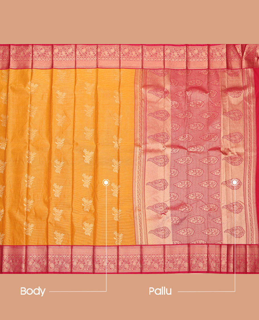 Orange Budget Silk Saree, Enriched with Zari Buttas and Stripes, Complemented by a Contrast Traditional Zari Design Border, Intricately Designed Pallu, and a Contrast Blouse