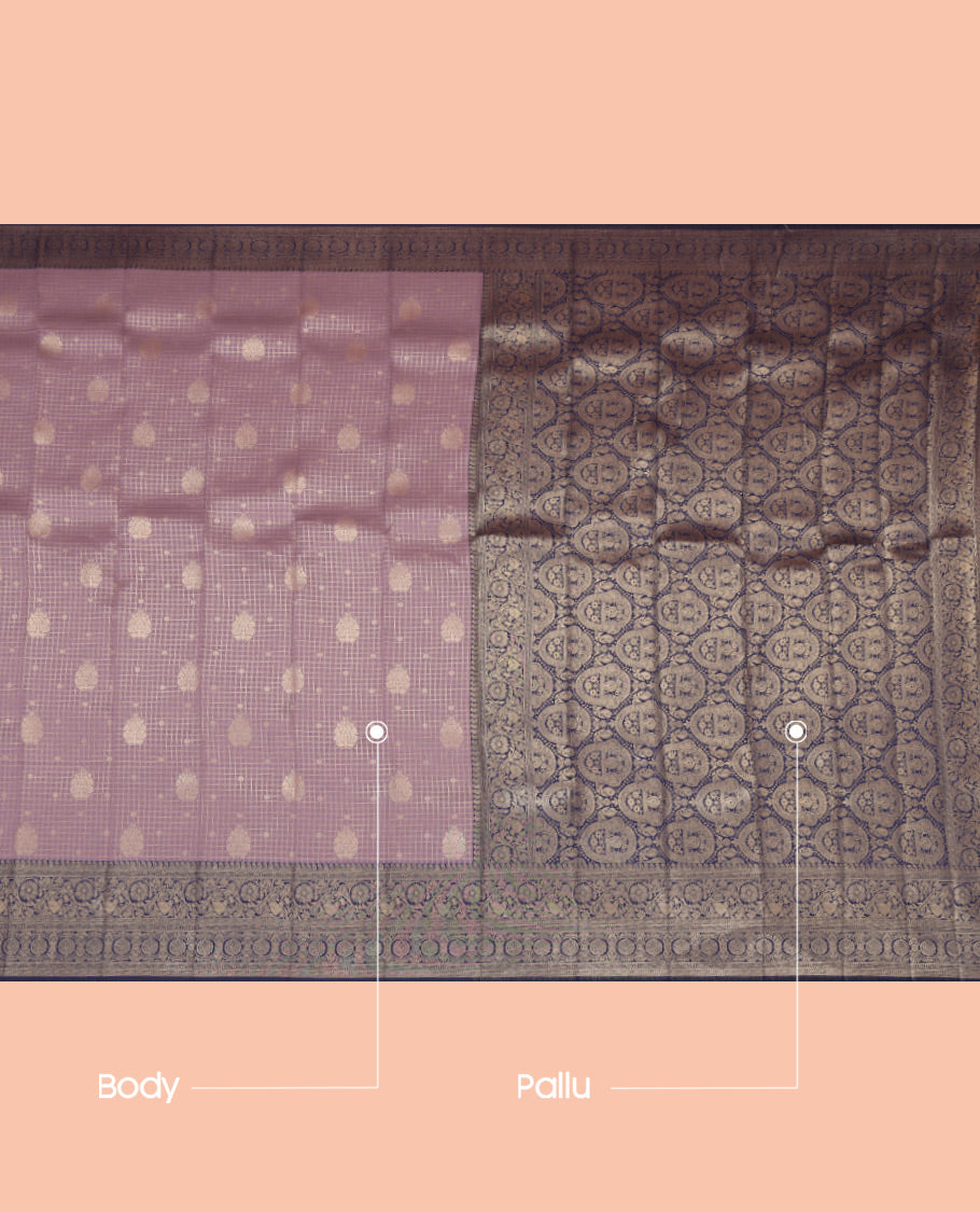 Purple Litchi Saree, Prettified with Zari Buttas and Checks, a Contrast Traditional Zari Border, Grand Pallu, and a Contrast Blouse