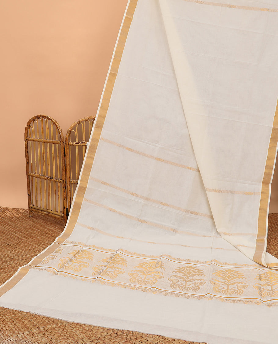 Cream kerala saree with zari stripes, plain border & pallu of floral zari designs