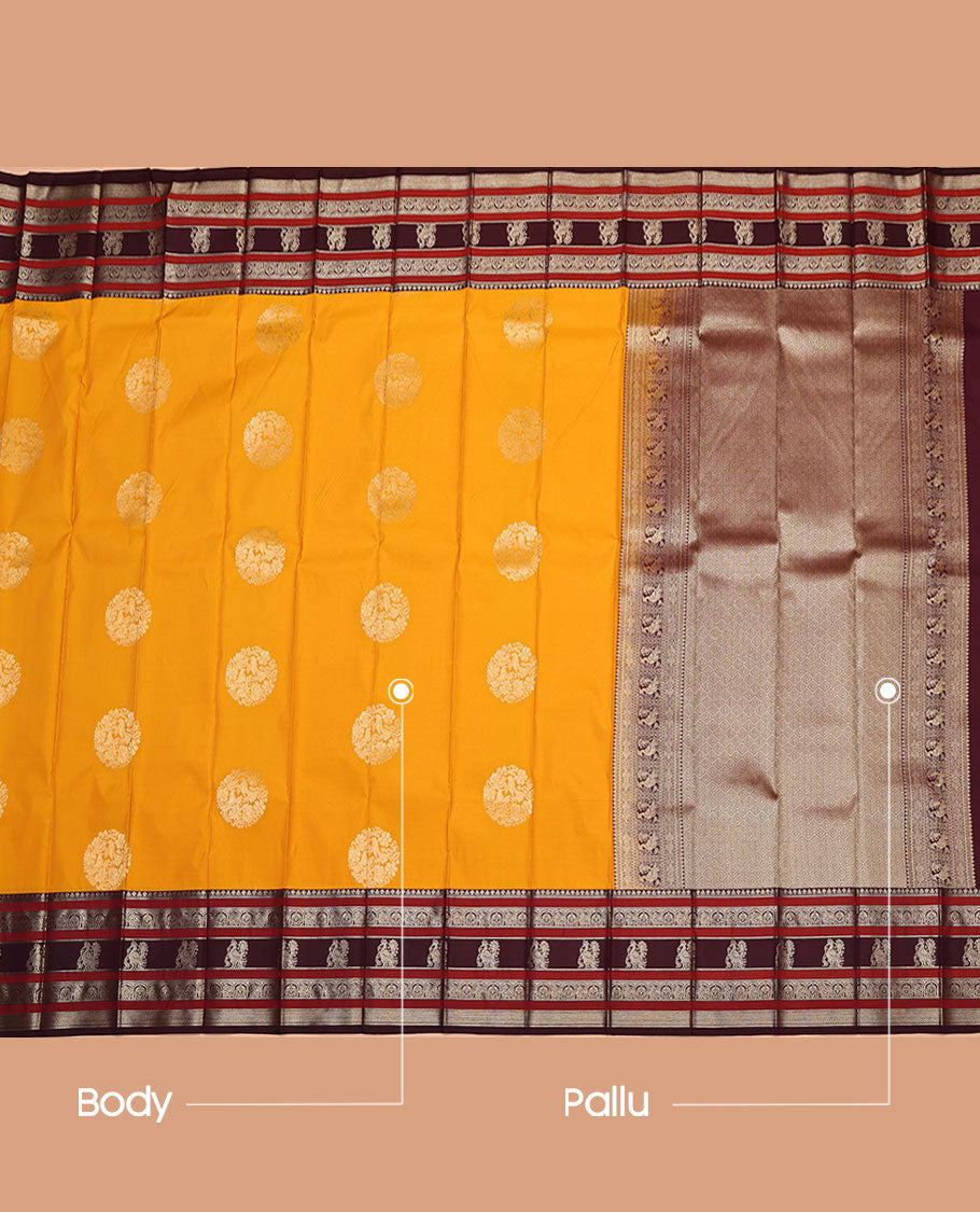 Yellow Budget Silk Saree, Dazzled with Zari Buttas All Over Its Body, Complemented by a Contrast Traditional Zari Design Border, Grand Jaal Pallu, and Paired with a Contrast Blouse