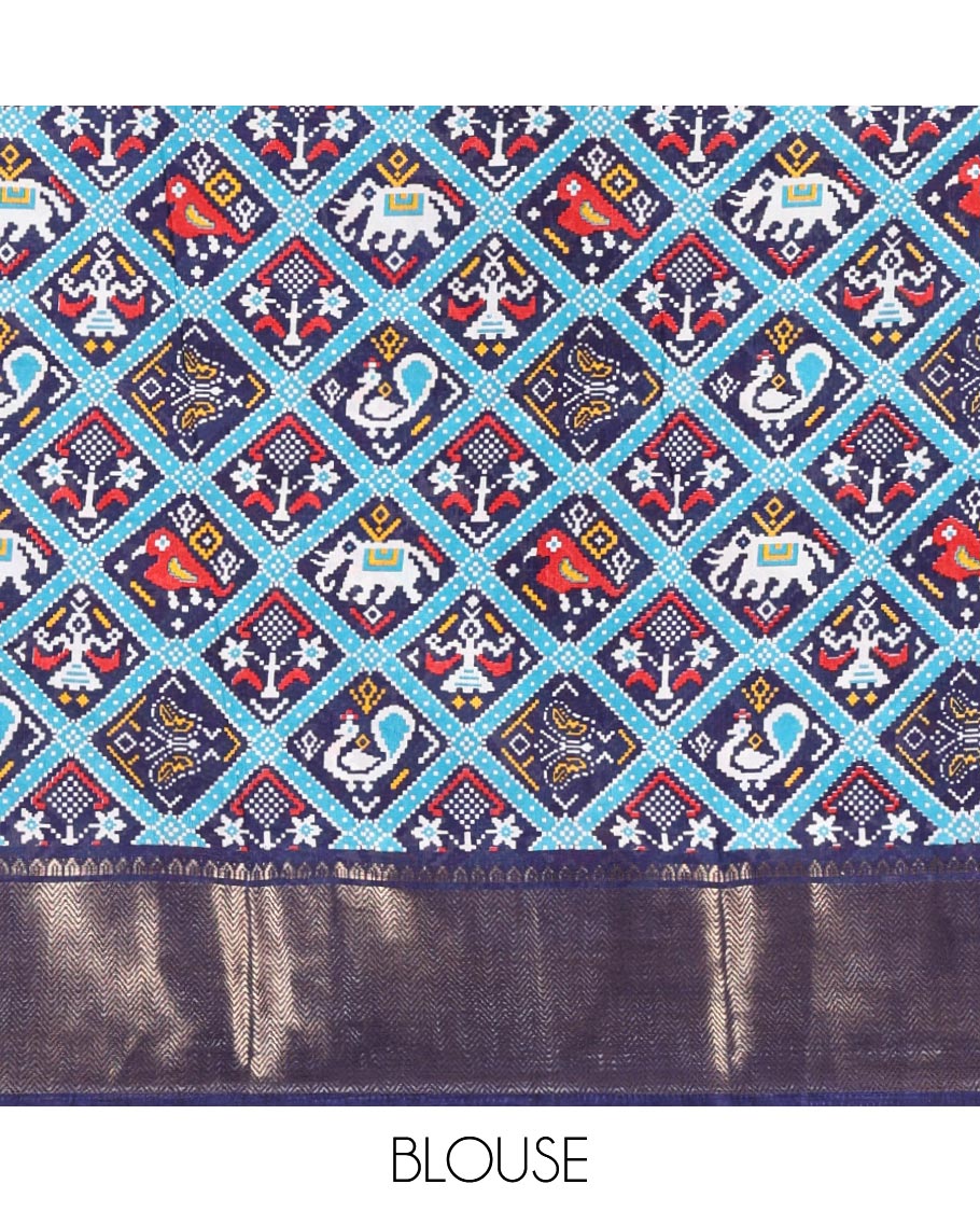 Blue striped dola-tussar saree, contrast temple zari border, patola animal motifs enclosed jaal printed pallu & patola printed blouse