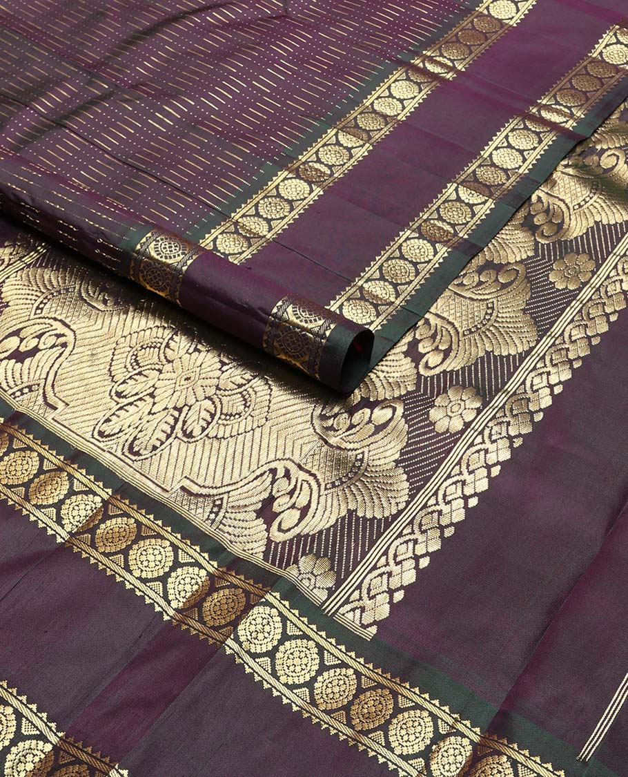 Violet geometric design kancheepuram silk saree with contrast rettai pettu border of rekku, banaras, poo chakram design & zari design pallu