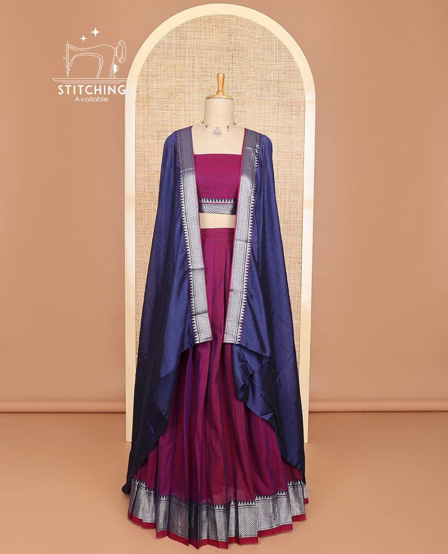 Violet half saree with self zari design border, zari design blouse & plain, temple, checked design border dhavani