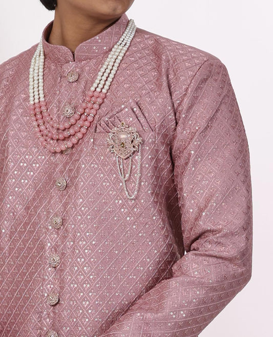 Mauve geometric embroidery with sequins work mandarin collar & full-sleeve long raw silk kurta