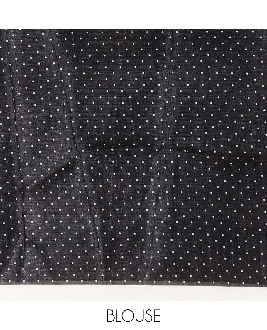 Borderless cream and black polka dots printed art khadi cotton saree, pallu steeped with polka dots, and a contrast tiny polka dots printed blouse