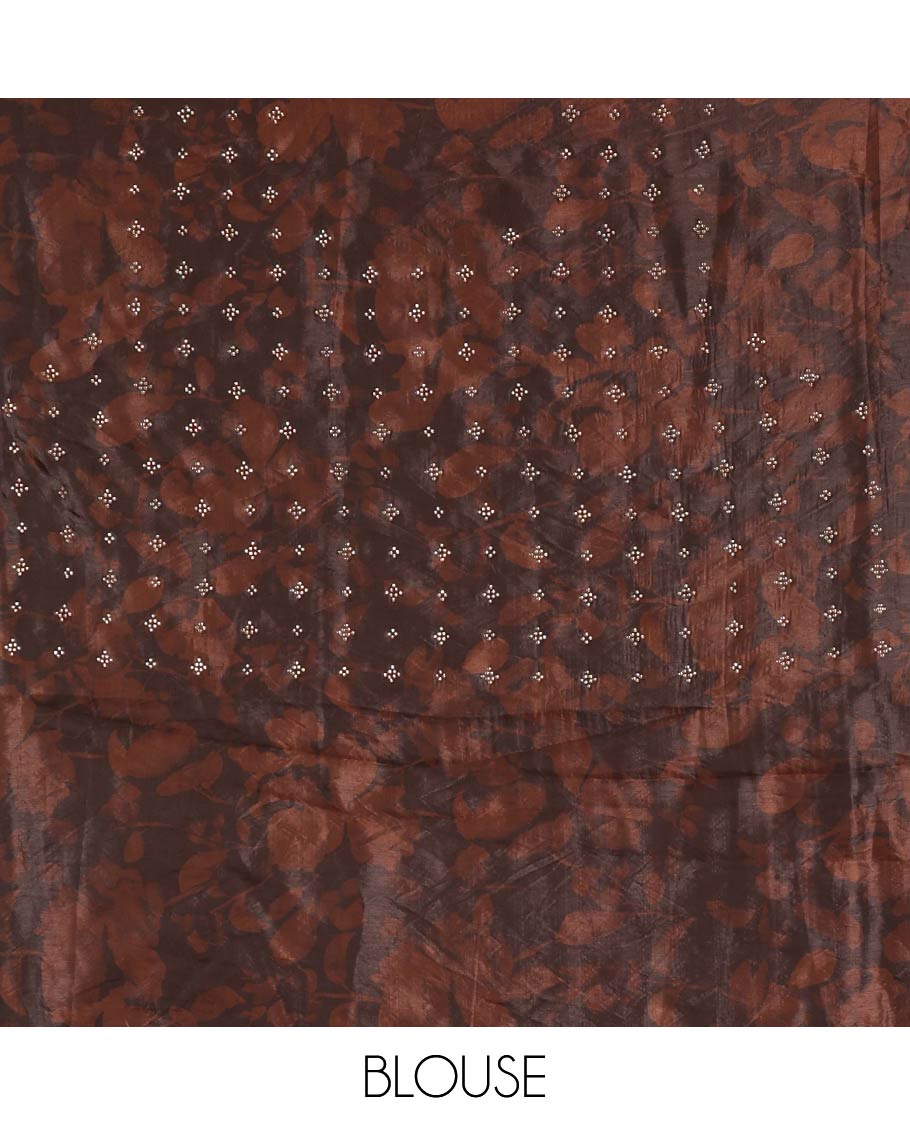 Brown ombre-colored floral printed silk crepe saree, swarovski stone work scallop border, printed pallu & printed blouse