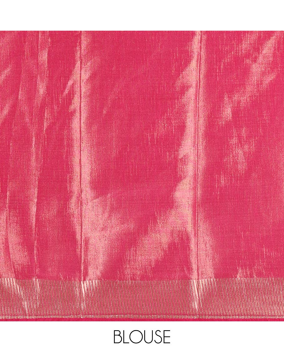 Rani pink scallop design tissue saree, zari striped border, striped pallu, and gleaming matching blouse