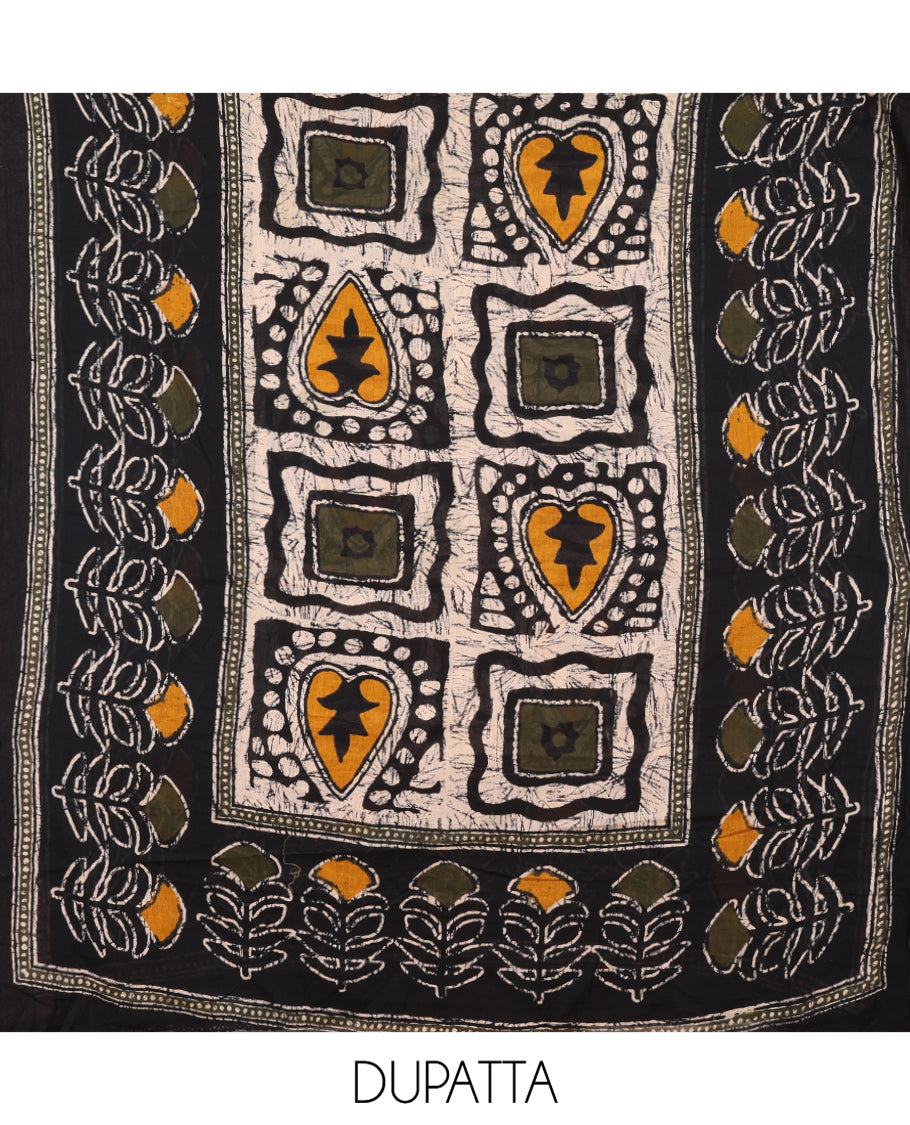 Black-Green Mul Cotton Material Chudidar, Batik Printed Top, a Contrast Bottom, and Batik Print Dupatta