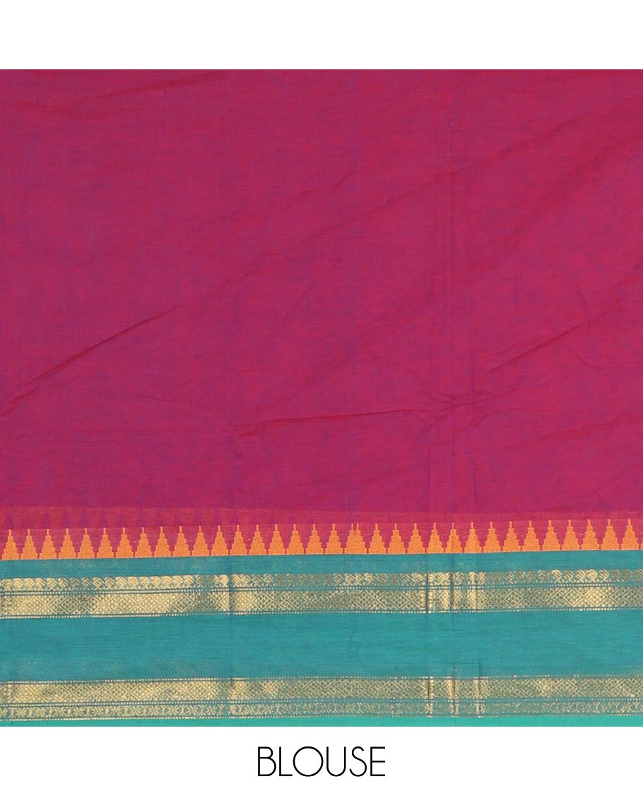 Pink plain Chettinad cotton saree, contrast traditional zari rettai pettu temple border, striped pallu and plain blouse