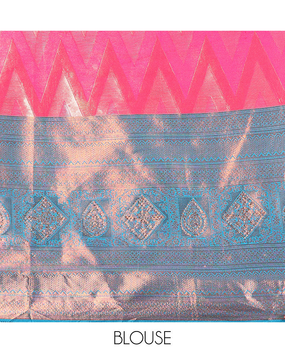 Pink chevron artsilk halfsaree,contrast traditional zari design & stonework border,blouse & intricate dhavani