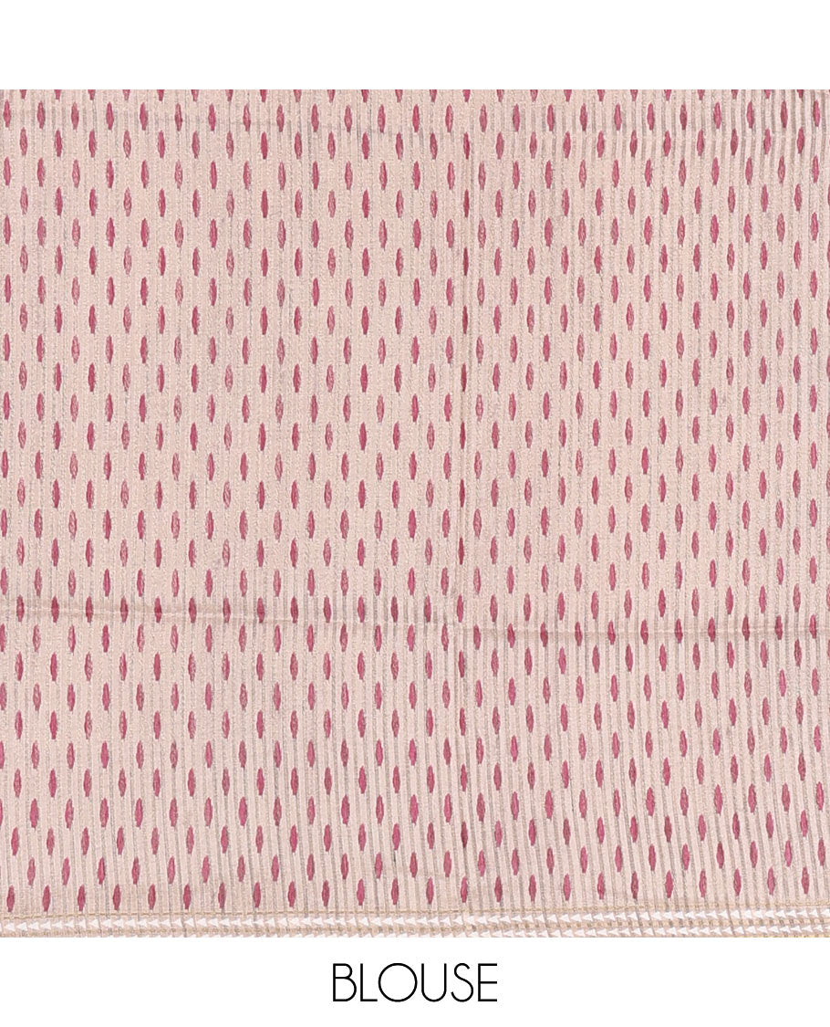 Multi color vertically striped semi-tussar saree, contrast resham thread border of temple and rudraksham motifs, striped pallu, and contrast striped printed blouse