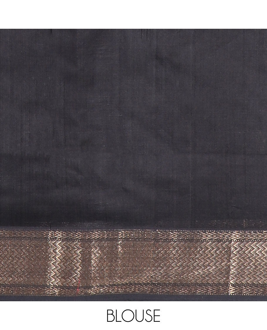 Black motifs maheshwari cotton saree with self zari design border & striped, floral design pallu