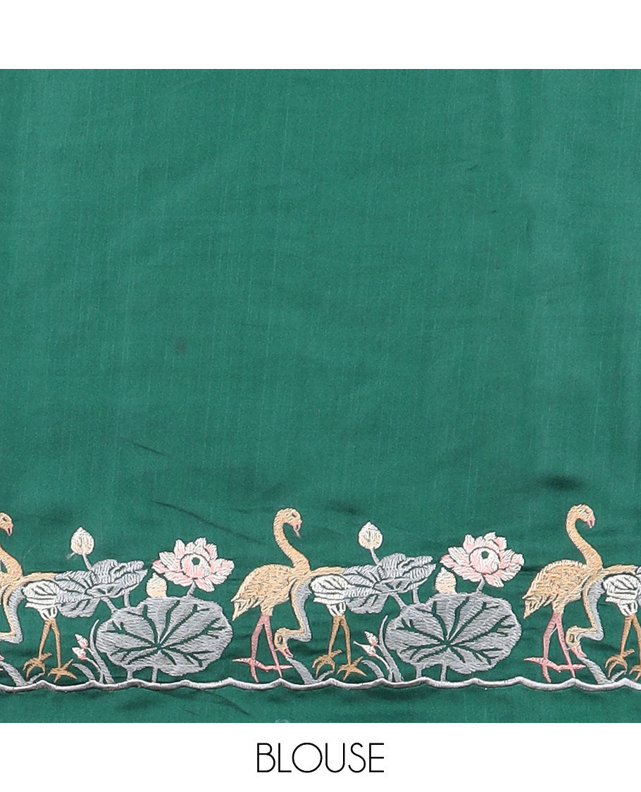 Green all-over floral motifs thread embroidery tussar silk saree with self floral, animal embroidery border