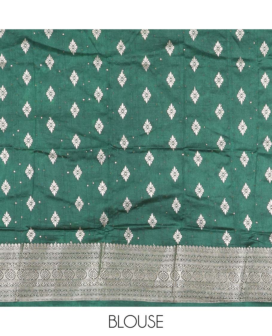 Mustard with green all over small water zari checks with contrast traditional border & contrast zari weaving rich pallu along with zari butta with sequins blouse