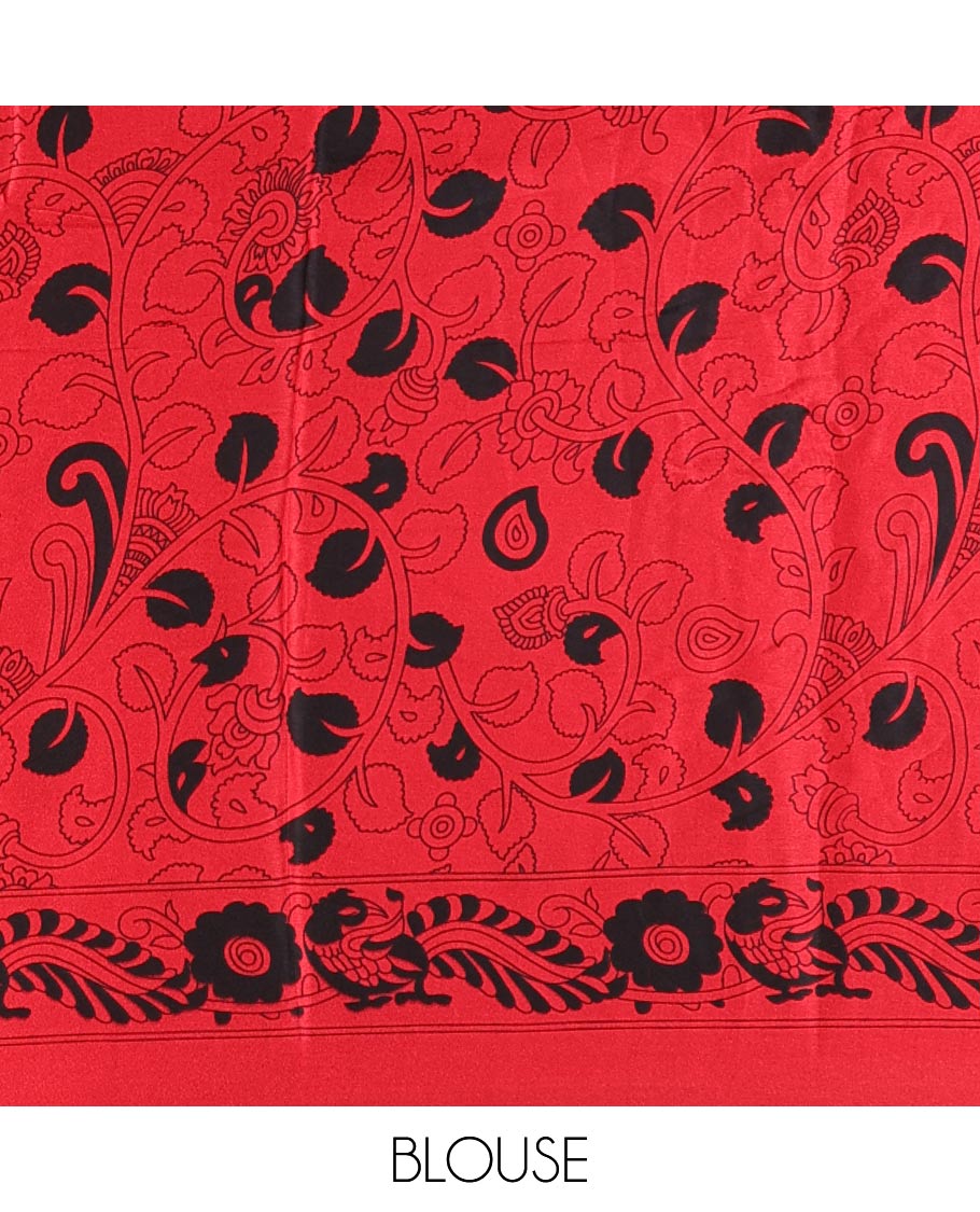 Borderless black and red colored kalamkari human figurines printed Gaji silk saree, kalamkari printed pallu and blouse