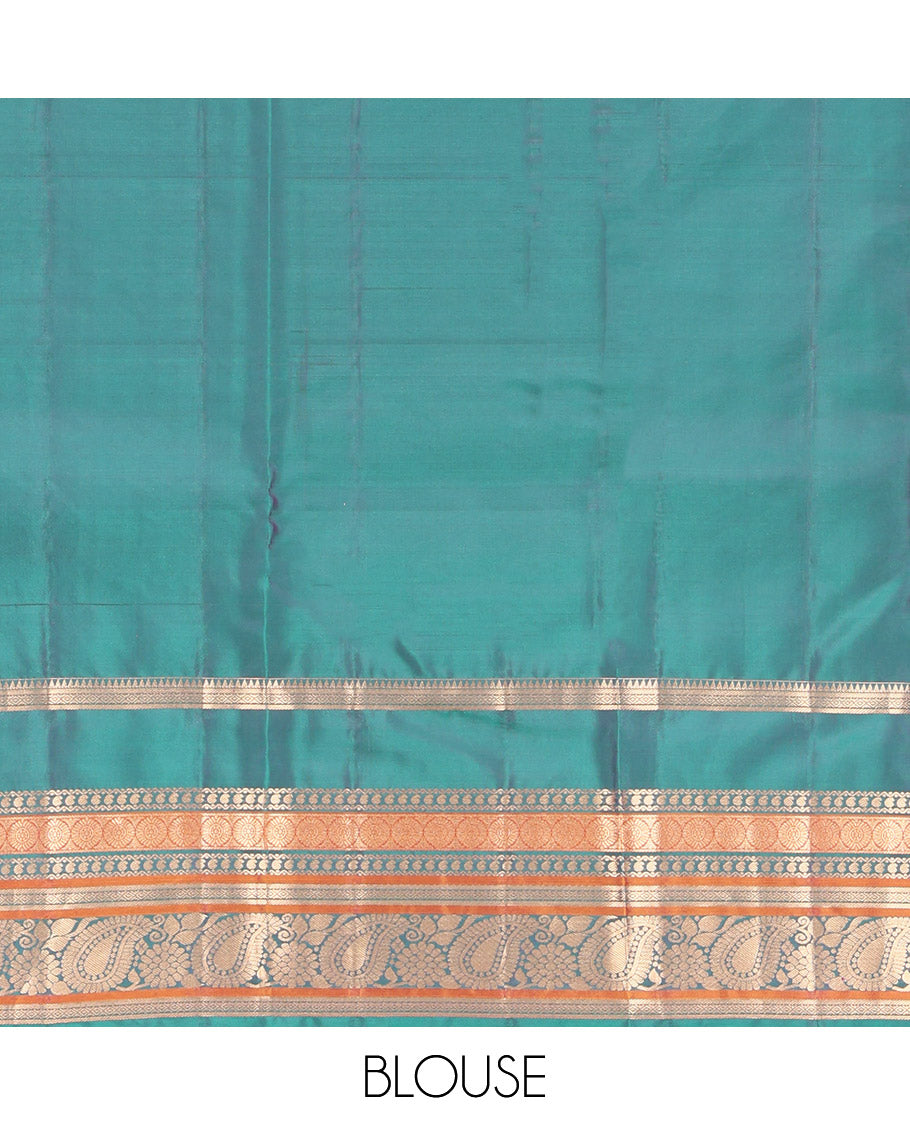 Rani Pink Vasundhara Lite Silk Mix Saree,Adorned with Floral Zari Buttas, Complemented by a Contrast Rettai Pettu Border of Rekku, Diamond, Manga, Neli, Chakram, Banaras, and Arumbu Manga Designs, Gandly Zari-Woven Pallu, and Paired with a Contrast Blouse