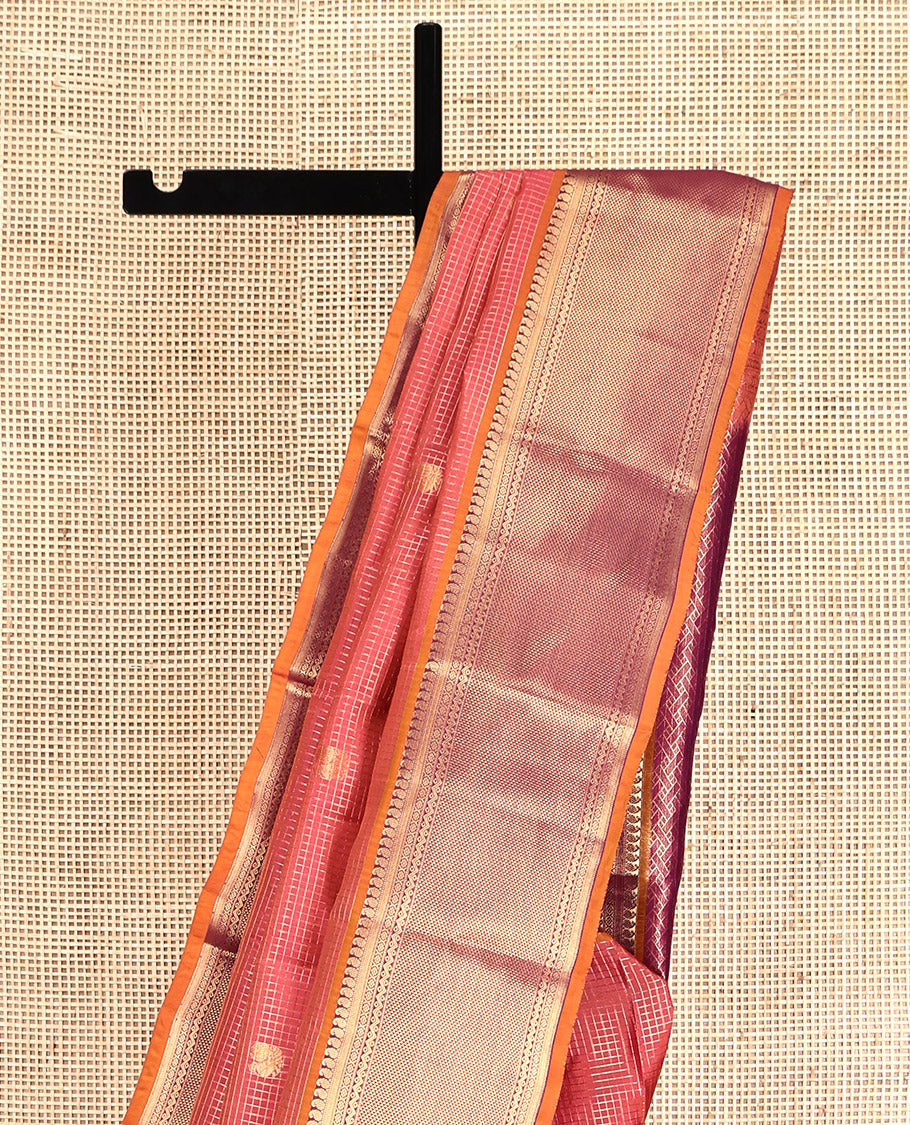 Peach Vasundhara Lite Silk Mix Saree, Featuring Kuthirai Buttas and Checks, Contrast Border of Manga, Muthu, Cross Kamalam, Neli, and Ara Maadam, Grand Pallu, and a Contrast Blouse