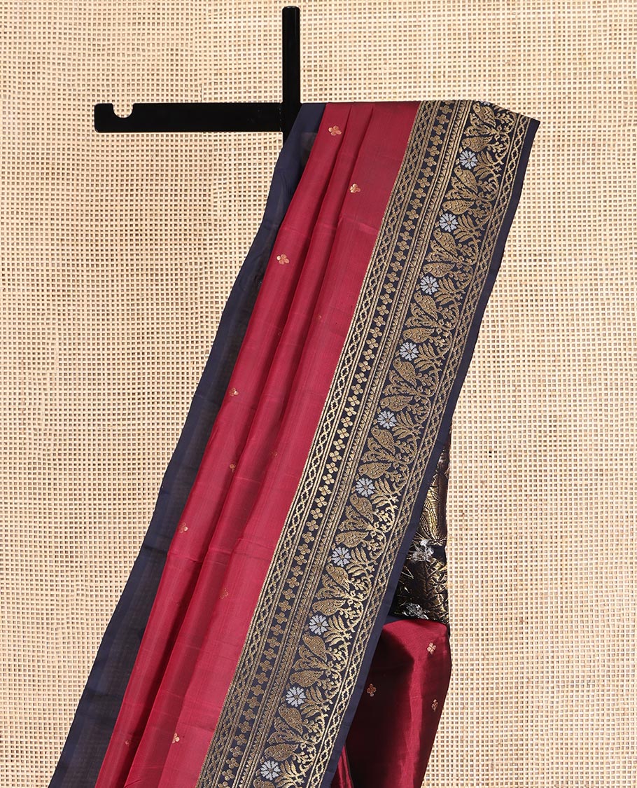 Red Mayuri Soft Silk Saree, Adorned with Zari Buttas, Complemented by a Contrast Floral-Bird Border, Pallu of Floral Design, and a Contrast Blouse