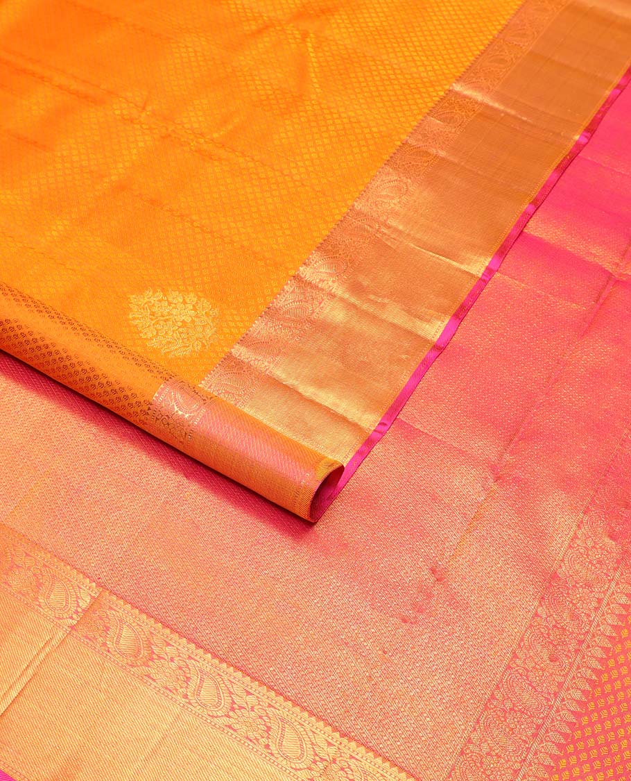 Orange floral jaal design silk saree with contrast border of rekku, muthu, manga, banaras design & zari design pallu